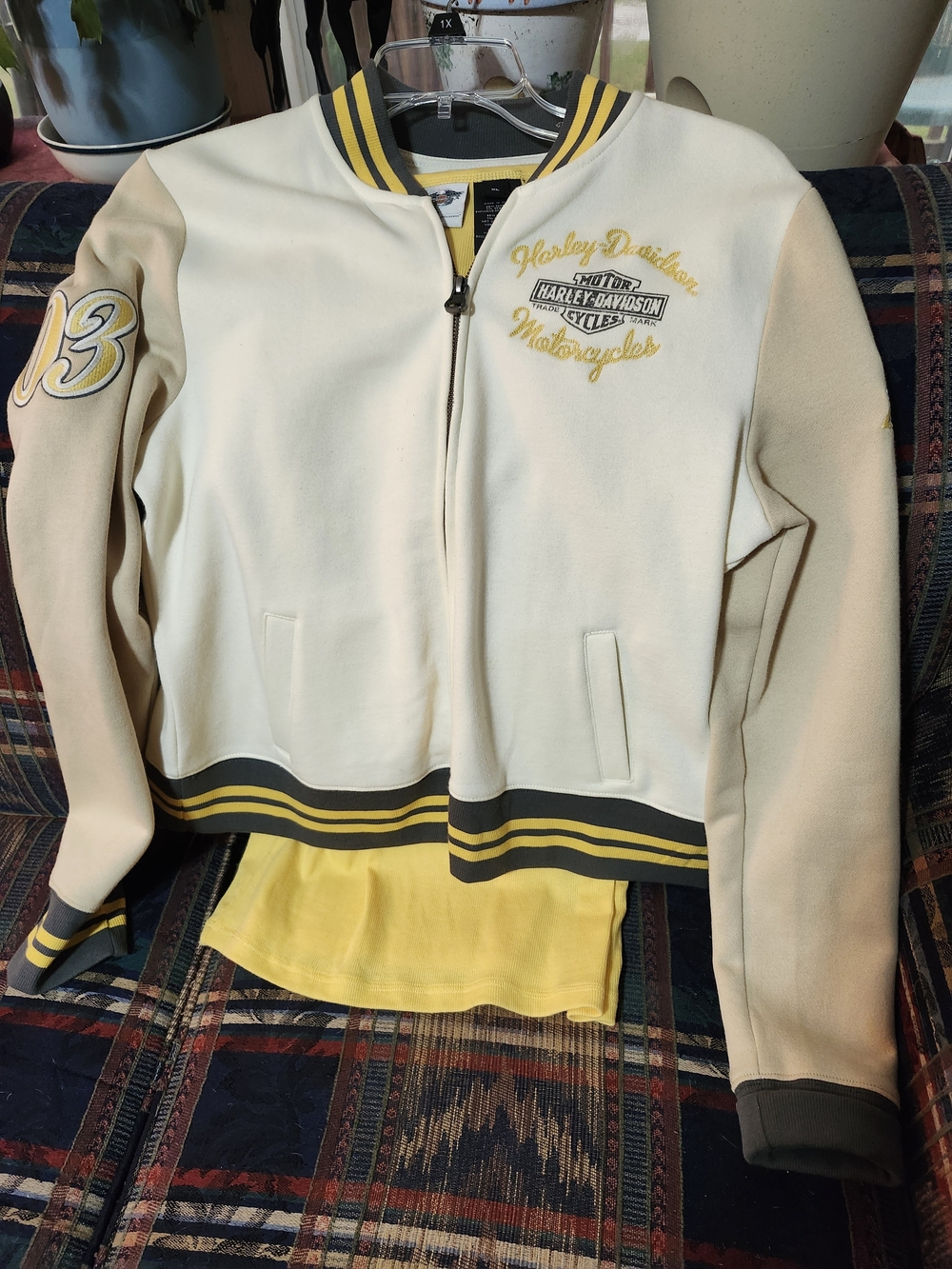 Harley-Davidson Cream and Yellow Women's Jean-Style Varsity Jacket